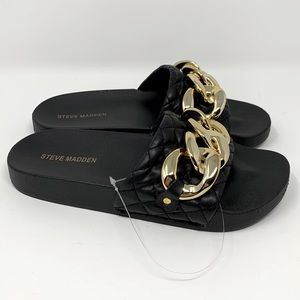 NWOT Steve Madden Black Sandal Slides with Chunky Gold Chain Accents Quilted